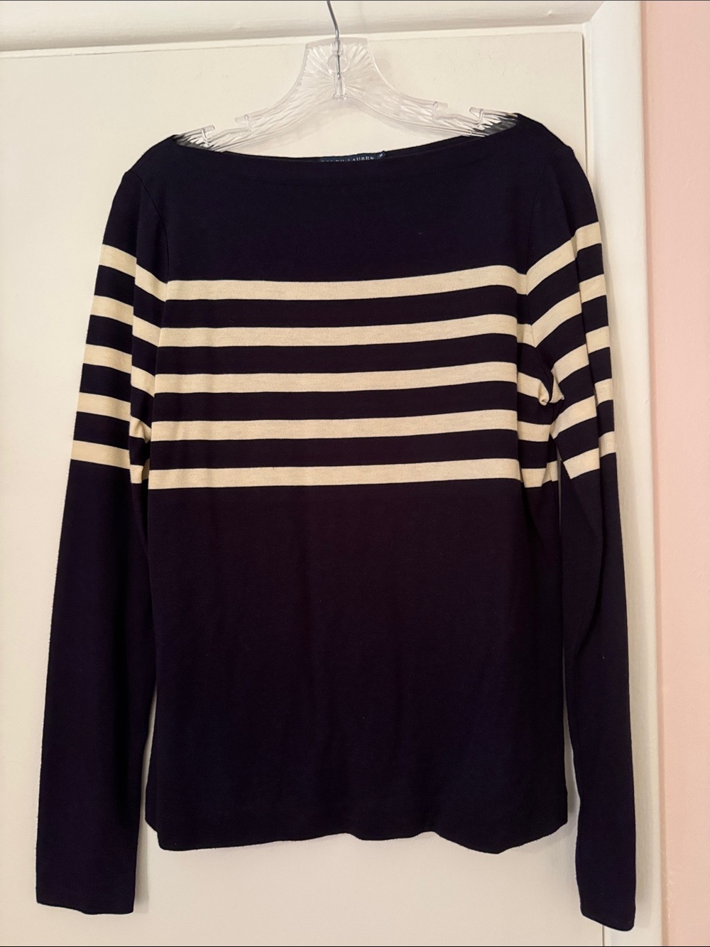 Ralph Lauren Black and Cream Striped Boatneck Sweater